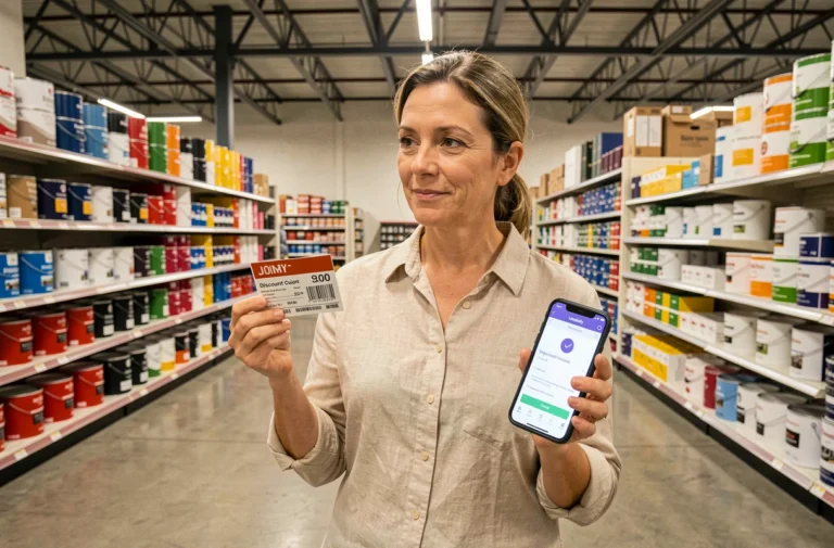 Femme utilisant un bon de réduction Leroy Merlin dans un rayon de magasin de bricolage