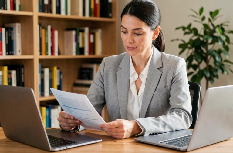 Femme comparant des offres d'assurance auto sur ordinateur portable avec des documents papier sur un bureau en bois