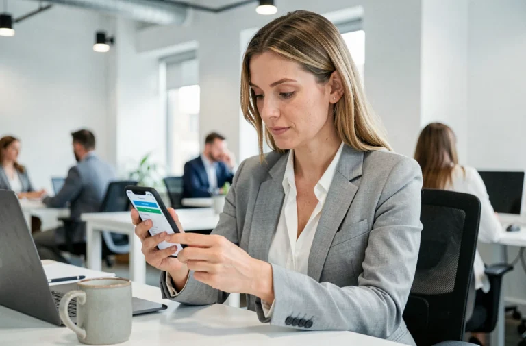 Femme professionnelle consultant ses fiches de paie sur une application mobile au bureau après un changement d'employeur