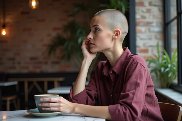 Femme au crâne rasé attablée dans un café avec une tasse de café, regard pensif vers la fenêtre