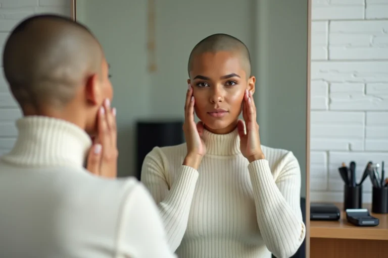 Femme aux cheveux rasés assise devant un miroir de salon de coiffure, touchant son crâne rasé avec confiance