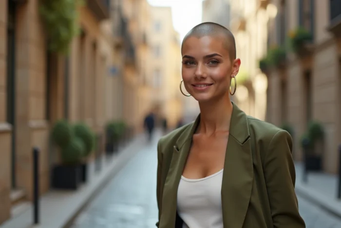 Jeune femme au crâne rasé en blazer vert olive dans une rue pavée européenne, regard confiant