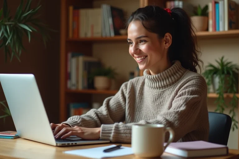 Femme découvrant les nouveautés du site Owly Mary sur son ordinateur portable dans un bureau cosy