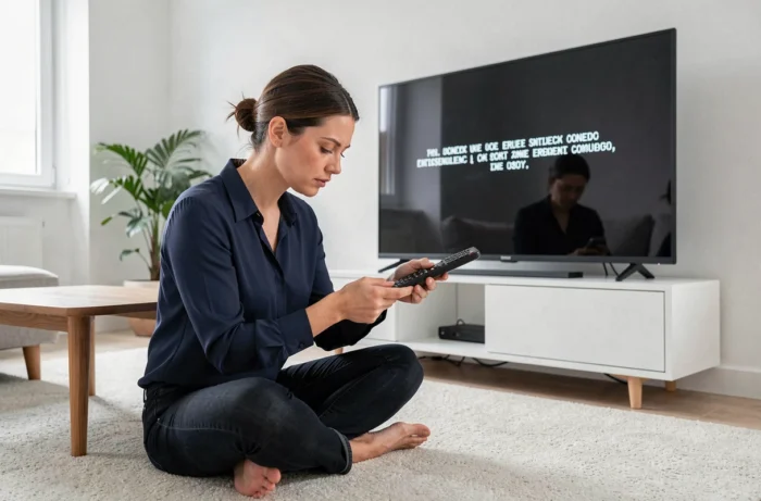 Femme consultant son téléphone pour résoudre un code erreur affiché sur sa télévision Orange