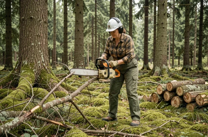 Femme équipée d'une tronçonneuse sans fil élagage d'une branche d'arbre en forêt avec équipement de protection
