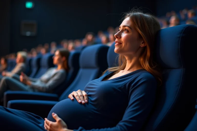 Femme enceinte détendue dans un fauteuil de cinéma tenant son ventre, séance sereine en salle obscure