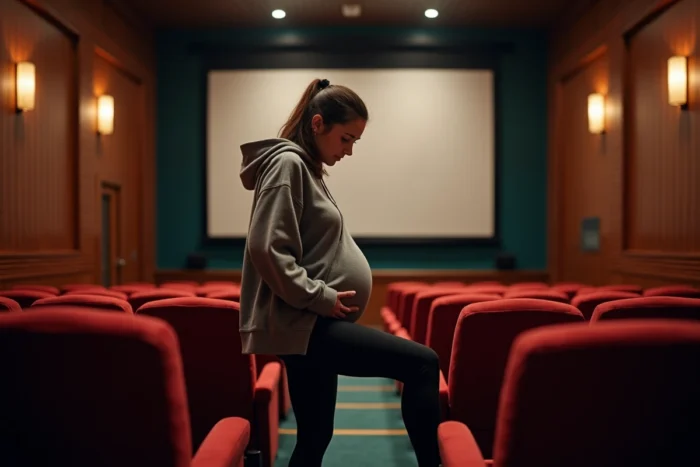 Femme enceinte s'installant confortablement dans une salle de cinéma arthouse avec coussin lombaire avant la projection
