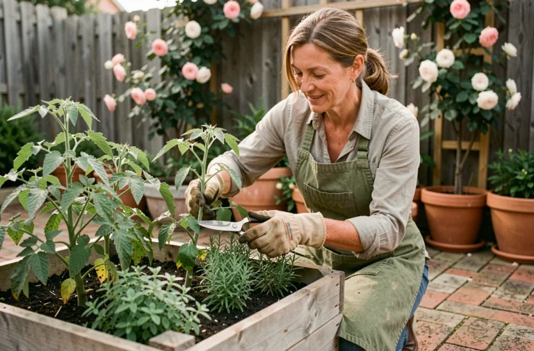 Femme jardinant dans un potager surélevé en bois, taillant des plants de tomates avec des ciseaux, entourée d'herbes aromatiques et de pots en terre cuite