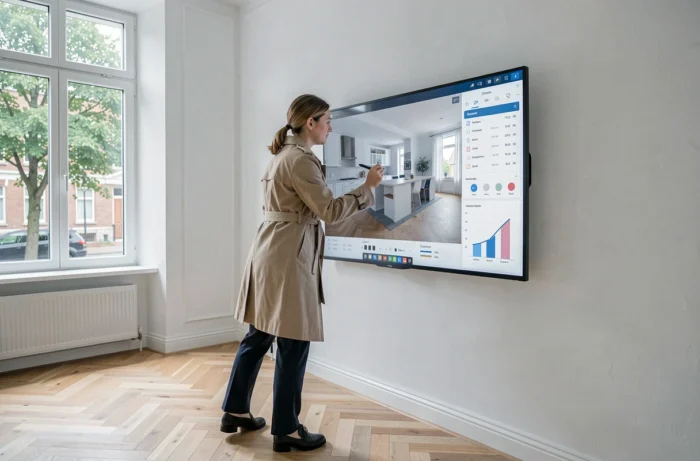 Femme consultant un outil numérique de personnalisation dans un appartement rénové moderne