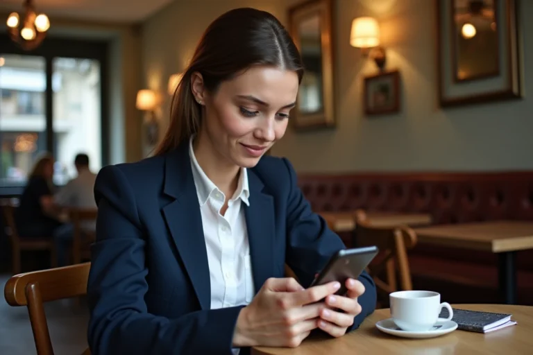 Femme parisienne utilisant l'application RabbitFinder sur smartphone dans un café parisien