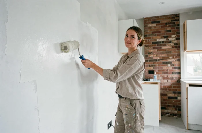 Femme peignant un mur blanc dans une cuisine en cours de rénovation