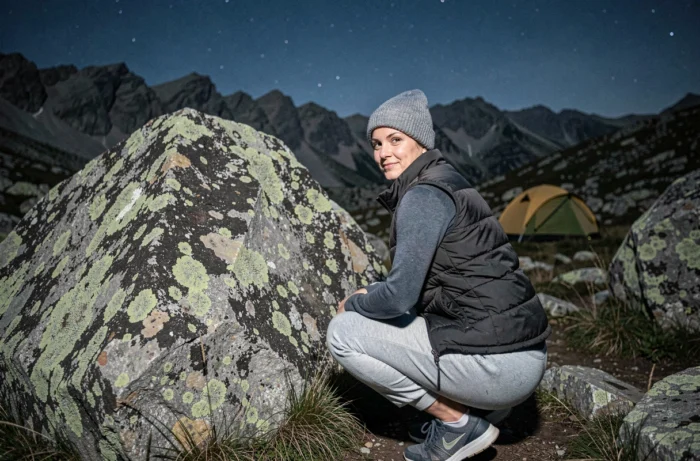 Femme accroupie derrière un rocher en camping de montagne la nuit pour faire pipi discrètement en plein air
