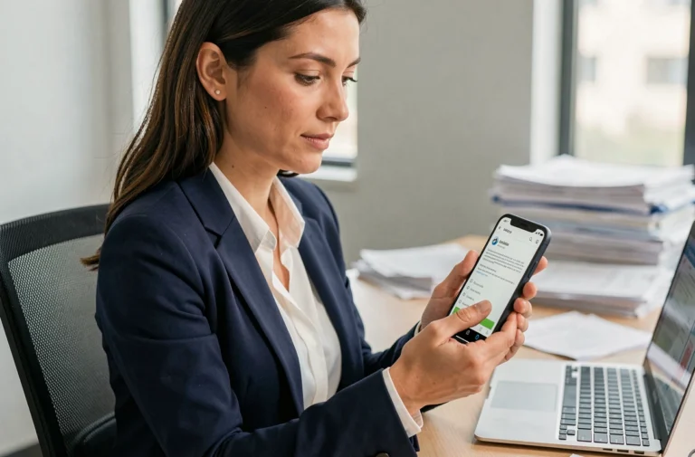 Femme professionnelle utilisant l'application MyPeopleDoc sur un smartphone Android au bureau pour gérer ses documents salariés