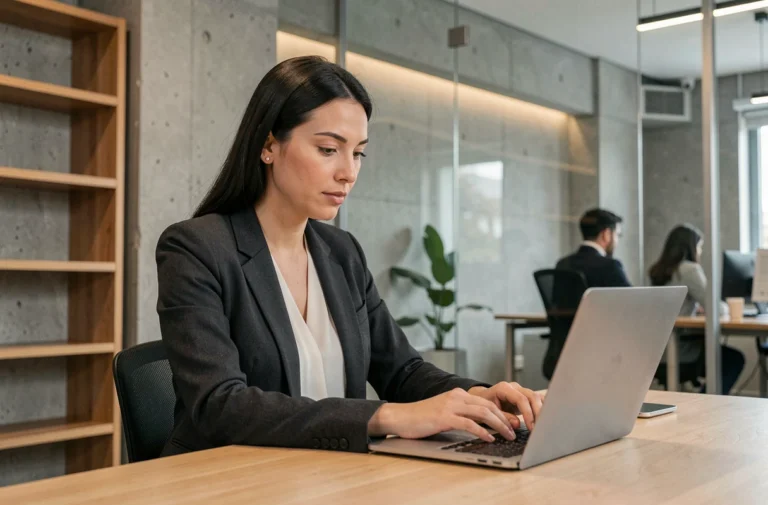 Femme professionnelle utilisant la plateforme Adivak sur un ordinateur portable dans un bureau moderne