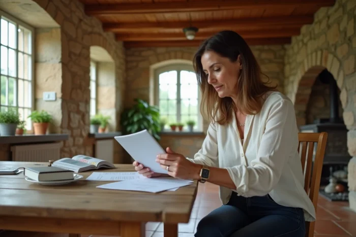 Femme consultant des ressources locales pour sa maison au Pays de Retz dans une cuisine en pierre