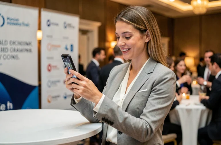 Femme en blazer gris utilisant son smartphone pour uploader des photos lors d'un événement d'entreprise
