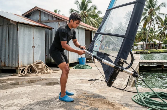 Jeune fils de Robert Teriitehau gréant sa planche à voile dans un club nautique polynésien, transmettant la passion familiale du windsurf