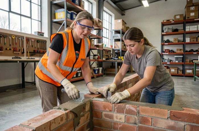 Formatrice encadrant des apprentis en formation alternance maçonnerie dans un centre de formation professionnelle