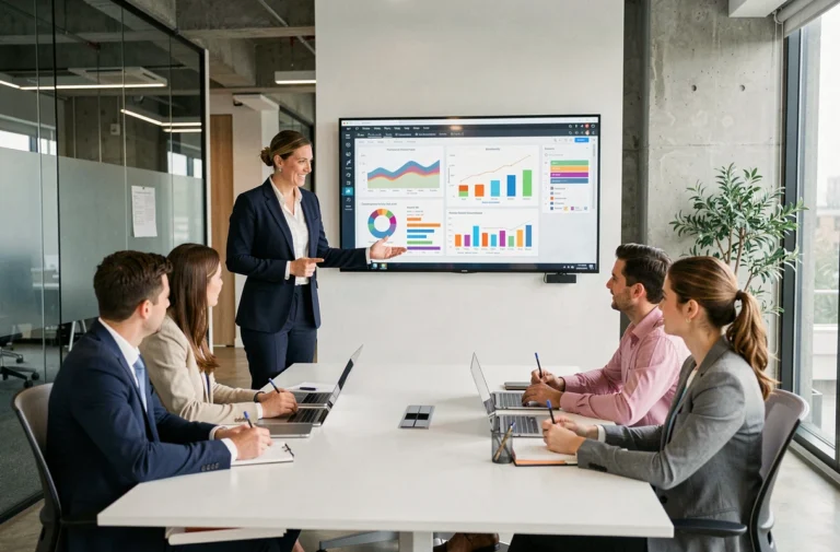 Formatrice professionnelle présentant des données à une équipe en salle de réunion moderne d'entreprise