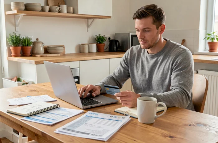 Un homme gérant son budget personnel sur un ordinateur portable depuis son domicile avec des factures et des notes