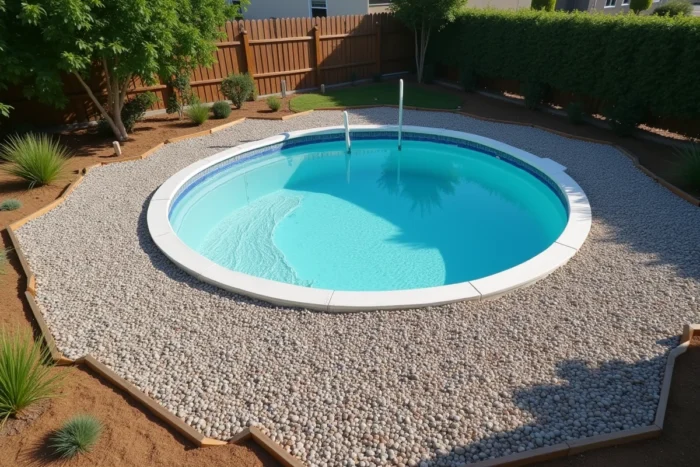 Plage sèche en gravier stabilisé sur géotextile autour d'une piscine hors sol dans un jardin bien entretenu
