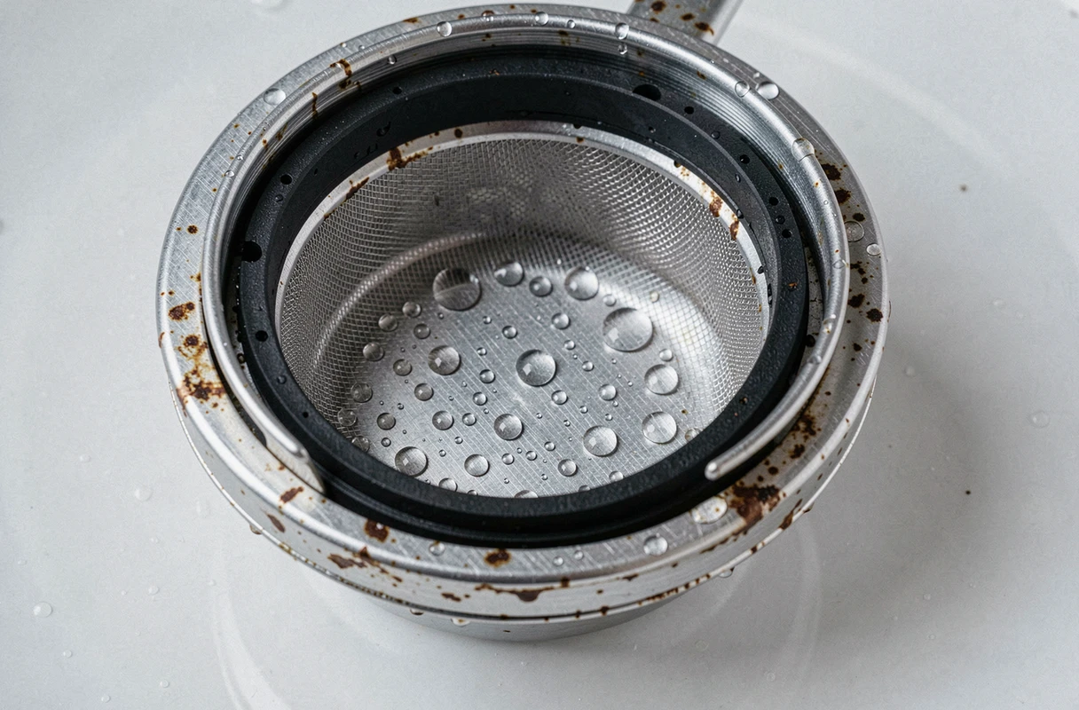 Gros plan sur le filtre et le joint d'une cafetière moka avec des gouttes d'eau après infusion