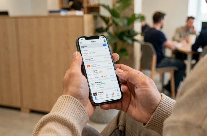 Gros plan sur un smartphone affichant une archive de fiches de paie sur l'application My Arkevia dans un espace de coworking