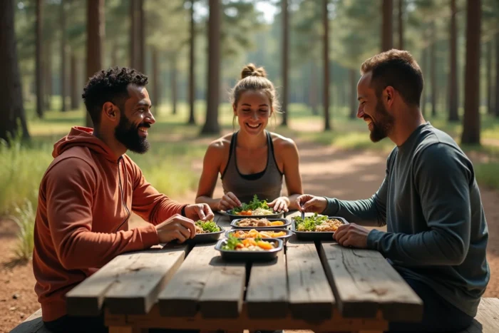 Groupe d'athlètes mangeant des repas nutritifs et équilibrés après une course en trail dans un cadre naturel en forêt