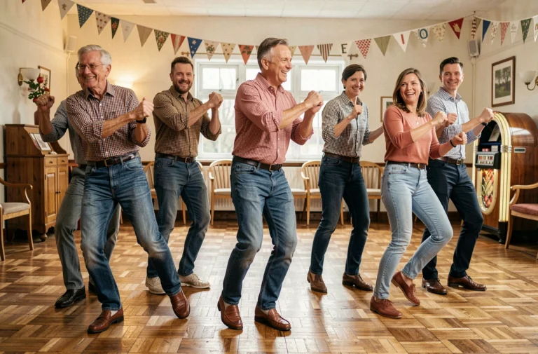 Groupe d'adultes dansant le Madison en ligne dans une salle des fêtes décorée avec un parquet en bois et un jukebox vintage