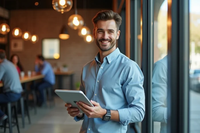 Homme consultant les mises à jour et actualités d'Owly Mary sur une tablette dans un café moderne