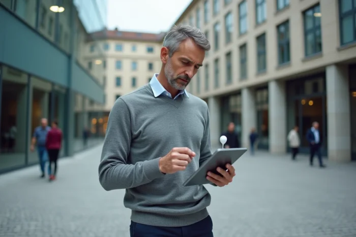 Homme d'affaires utilisant une tablette avec interface de cartographie numérique à Lyon