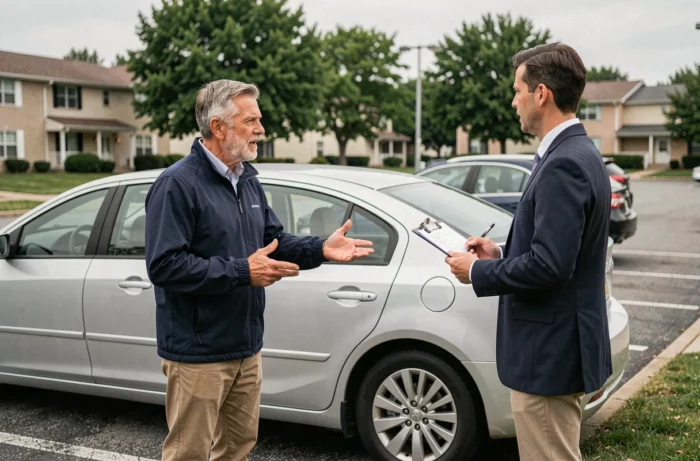 Homme discutant d'une assurance auto avec un agent près d'une berline argentée dans un parking suburban