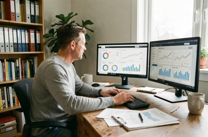 Homme analysant les avantages de la plateforme Adivak sur deux écrans dans un bureau à domicile