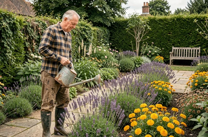 Homme âgé arrosant un jardin de fleurs avec un arrosoir en métal, rangées de lavande et soucis dans un jardin de style cottage