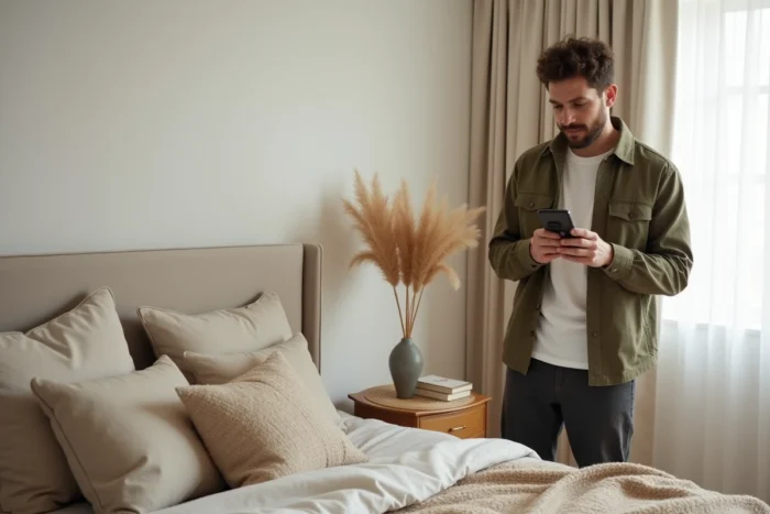 Homme photographiant un coin chambre aménagé avec literie en lin et décoration naturelle
