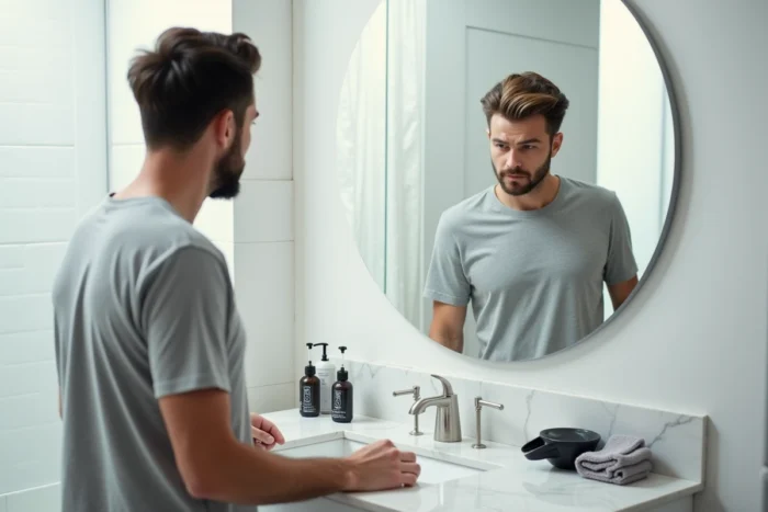 Homme inspectant une mèche blonde inégale et cuivrée dans un miroir de salle de bain avec des produits de correction capillaire posés sur le comptoir