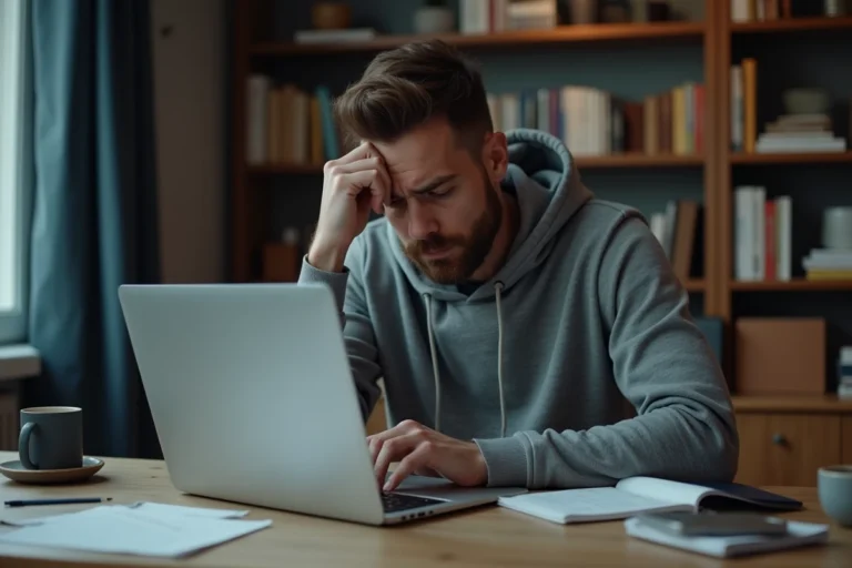 Homme frustré devant un ordinateur portable affichant une erreur de l'application Captvty