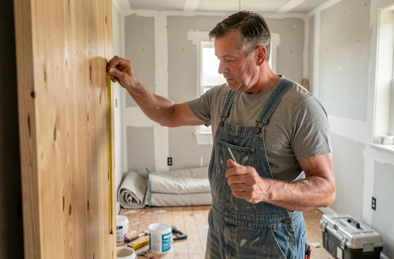 Homme mesurant une cloison en bois lors d'un projet de rénovation intérieure