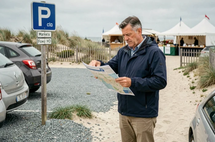 Homme consultant un plan de stationnement à proximité du marché de Fort-Mahon-Plage