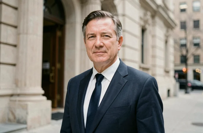 Portrait d'un homme public distingué protégeant sa vie privée devant un bâtiment institutionnel