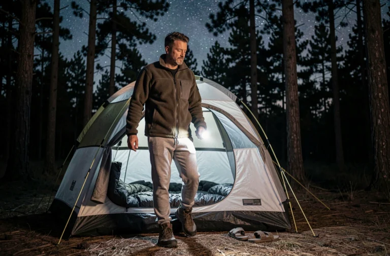 Homme sortant de sa tente de camping la nuit avec une lampe torche pour aller aux toilettes en forêt