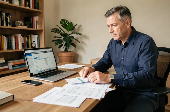 Homme en télétravail comparant ses fiches de paie papier et numériques sur un portail RH après un changement d'emploi