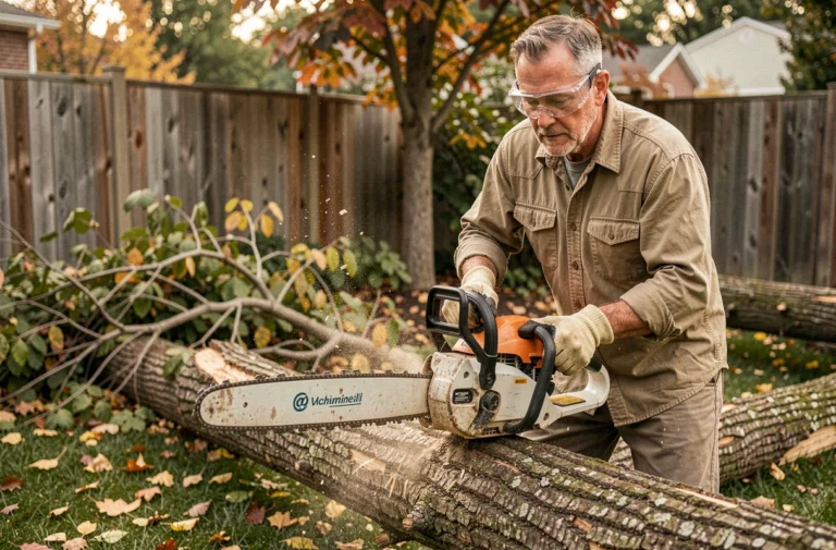 Homme utilisant une tronçonneuse sans fil Black+Decker dans un jardin pour couper une bûche épaisse
