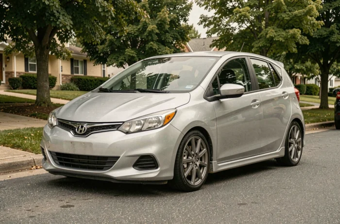 Voiture hybride compacte 136 garée en environnement urbain, vue extérieure trois quarts avant