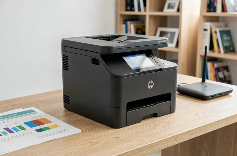 Imprimante laser couleur HP Color LaserJet Pro M280nw posée sur un bureau en bois clair dans un bureau à domicile moderne