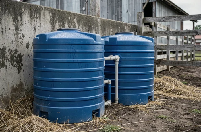 Deux cuves à eau de pluie en plastique bleu installées dans une ferme agricole reliées par des tuyaux PVC