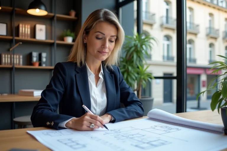 Conseillère immobilière analysant des plans d'investissement immobilier à Rennes dans une agence moderne avec vue sur l'architecture bretonne