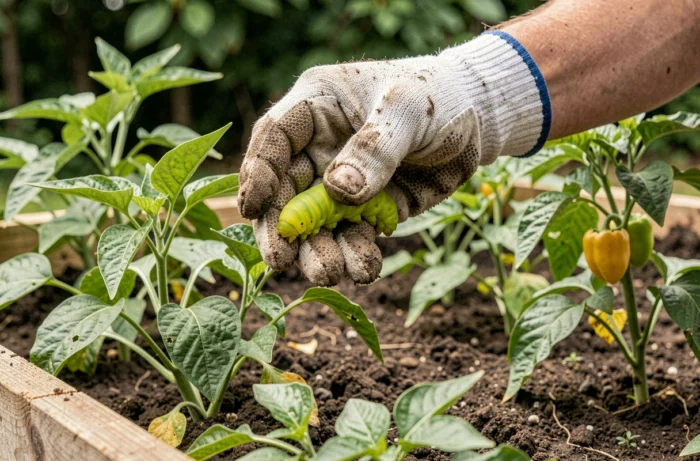 Main gantée d'un jardinier tenant une chenille verte fluo au-dessus d'un carré potager avec des légumes