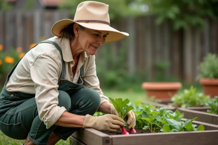 Jardinière inspectant des feuilles de radis pour détecter la présence d'altises dans son potager