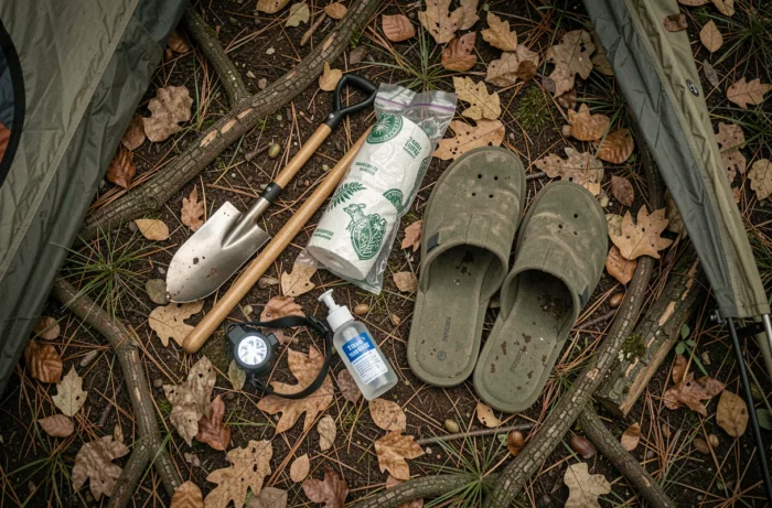 Kit pratique pour aller aux toilettes la nuit en camping : lampe frontale, papier biodégradable, désinfectant et petite pelle de camping